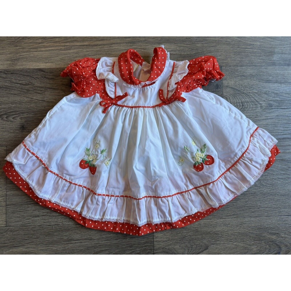 Vintage‎ 80s Infant Apron Style Strawberry Dress 12 Months